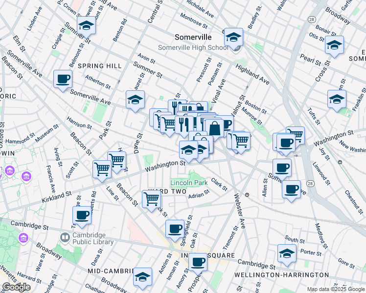 map of restaurants, bars, coffee shops, grocery stores, and more near in Somerville