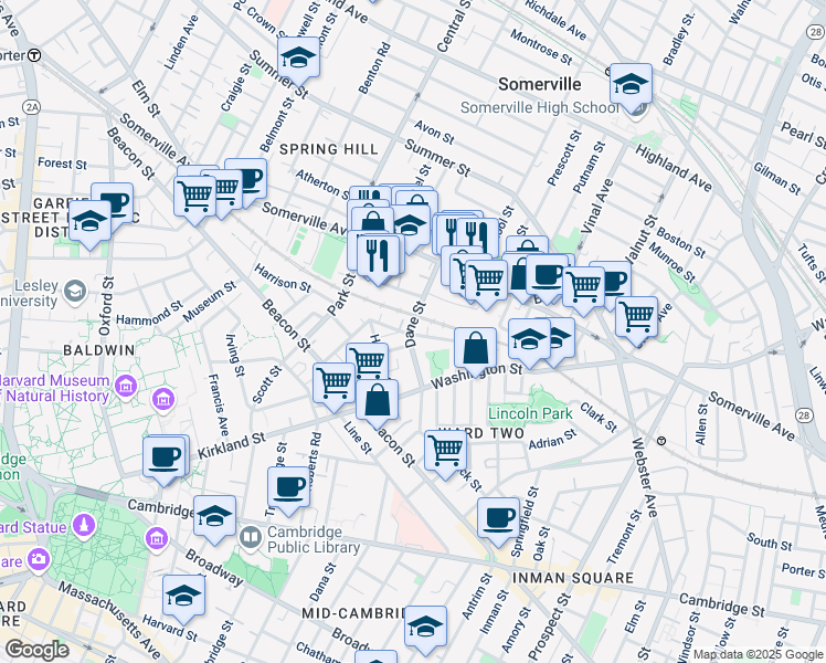 map of restaurants, bars, coffee shops, grocery stores, and more near 35 Dane Street in Somerville