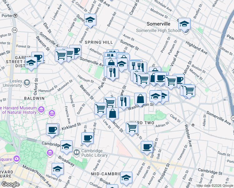 map of restaurants, bars, coffee shops, grocery stores, and more near 35 Dane Street in Somerville