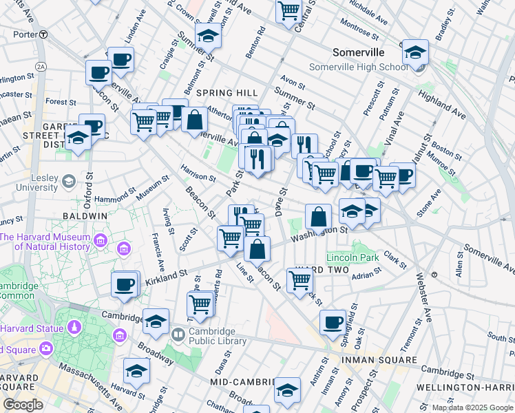 map of restaurants, bars, coffee shops, grocery stores, and more near 55 Village Street in Somerville