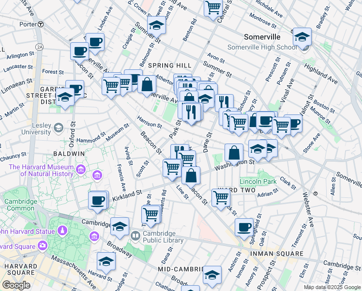 map of restaurants, bars, coffee shops, grocery stores, and more near 55 Village Street in Somerville