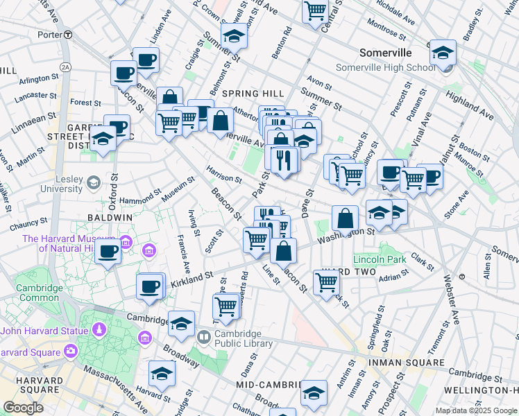 map of restaurants, bars, coffee shops, grocery stores, and more near 54 Park Street in Somerville