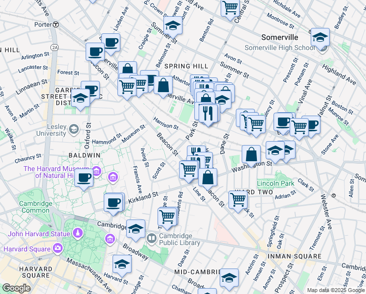 map of restaurants, bars, coffee shops, grocery stores, and more near 54 Park Street in Somerville