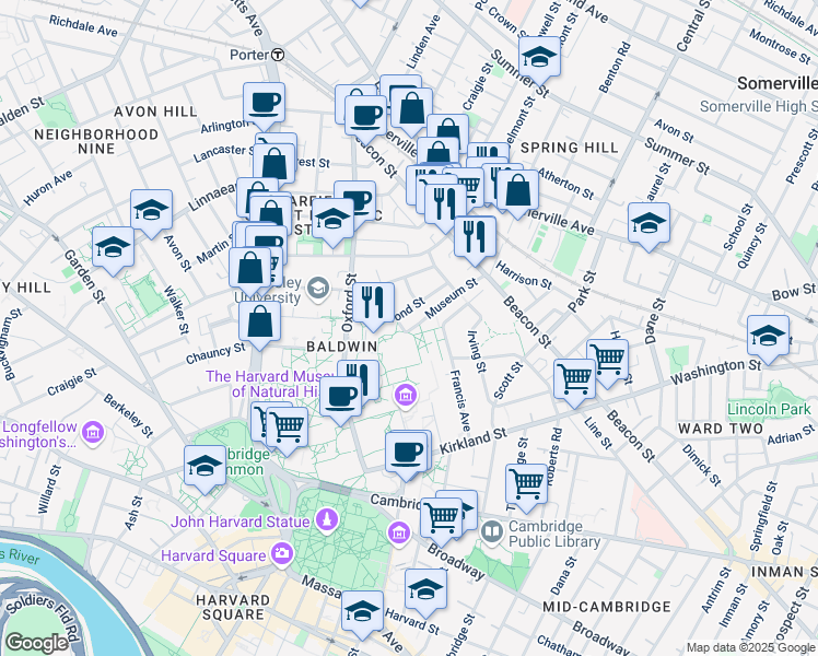 map of restaurants, bars, coffee shops, grocery stores, and more near 74 Hammond Street in Cambridge