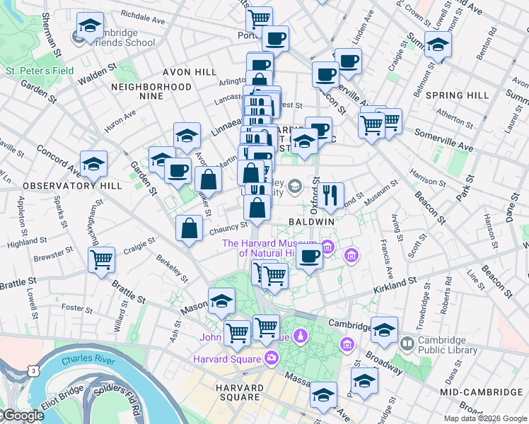 map of restaurants, bars, coffee shops, grocery stores, and more near 1637 Massachusetts Avenue in Cambridge