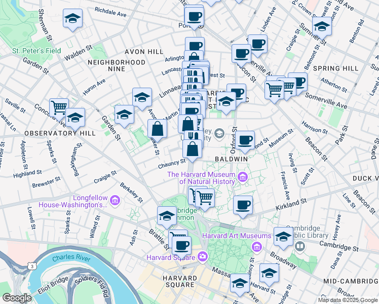 map of restaurants, bars, coffee shops, grocery stores, and more near 1637 Massachusetts Avenue in Cambridge