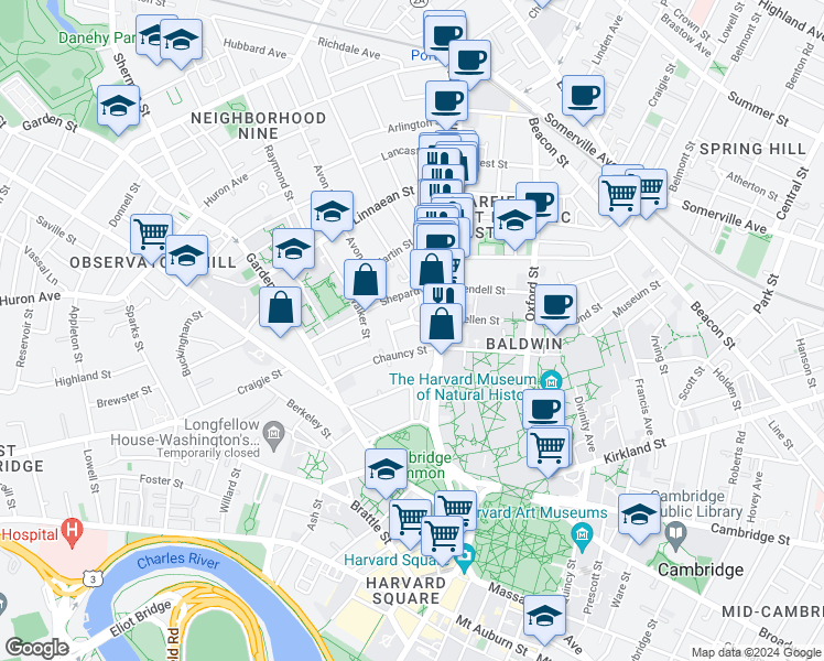 map of restaurants, bars, coffee shops, grocery stores, and more near 19 Rutland Street in Cambridge