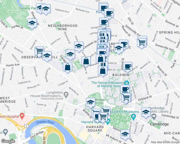 map of restaurants, bars, coffee shops, grocery stores, and more near 34 Shepard Street in Cambridge