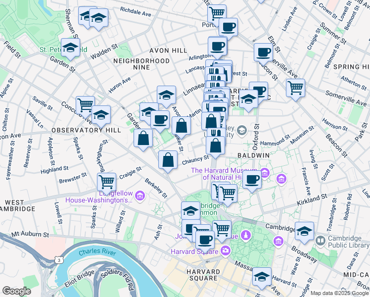 map of restaurants, bars, coffee shops, grocery stores, and more near 34 Shepard Street in Cambridge