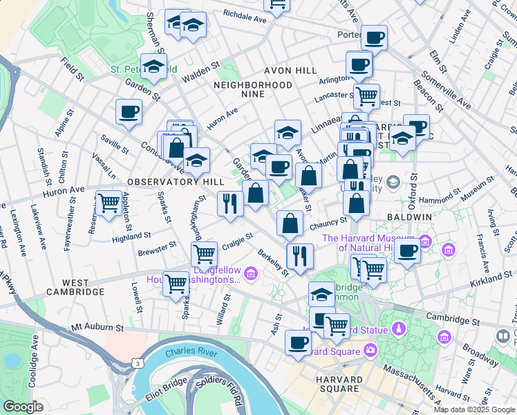 map of restaurants, bars, coffee shops, grocery stores, and more near 59 Shepard Street in Cambridge