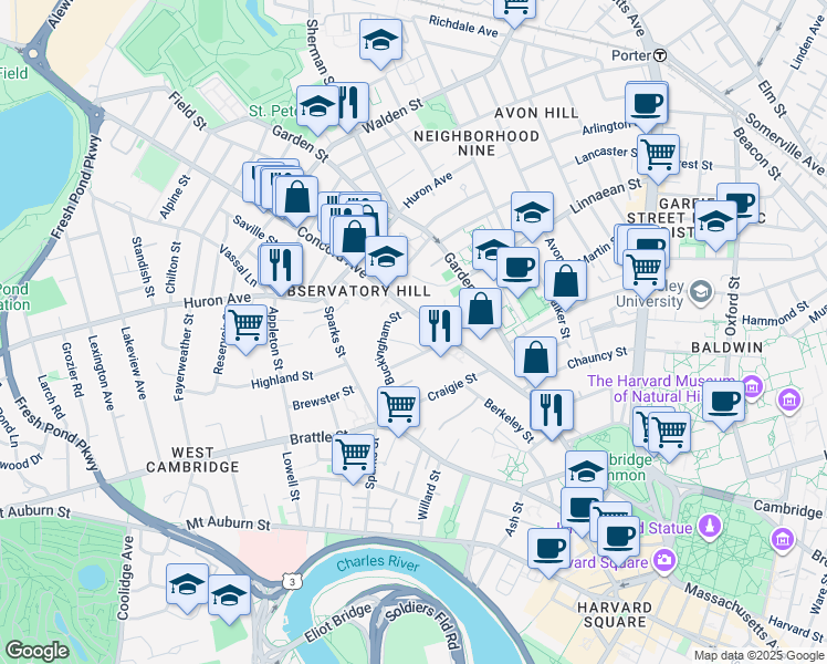 map of restaurants, bars, coffee shops, grocery stores, and more near 54 Concord Avenue in Cambridge