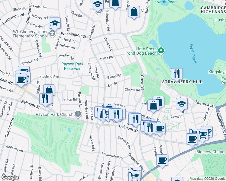 map of restaurants, bars, coffee shops, grocery stores, and more near 34 Skahan Road in Belmont