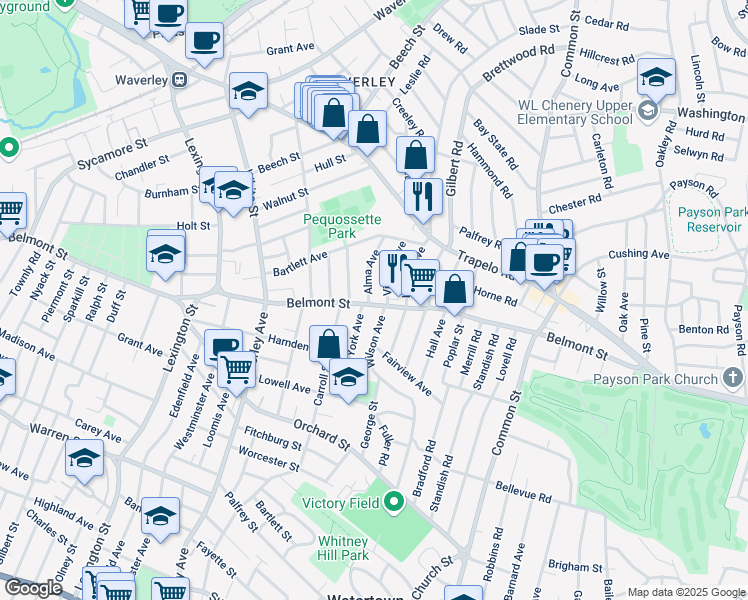 map of restaurants, bars, coffee shops, grocery stores, and more near 48 Alma Avenue in Belmont