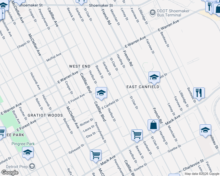 map of restaurants, bars, coffee shops, grocery stores, and more near 4523 Garland Street in Detroit