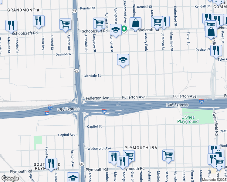 map of restaurants, bars, coffee shops, grocery stores, and more near 12685 Memorial Street in Detroit