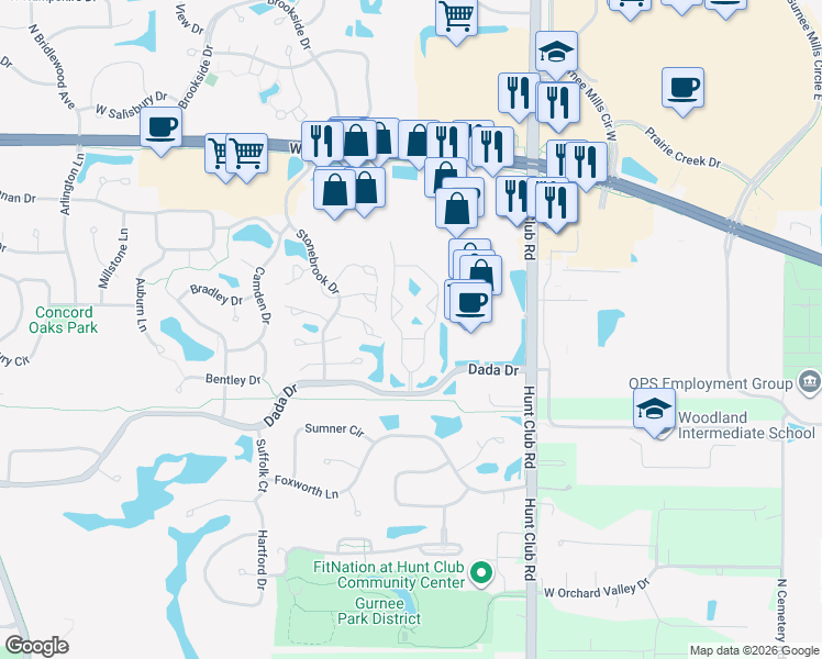 map of restaurants, bars, coffee shops, grocery stores, and more near 6740 Derby Drive in Gurnee