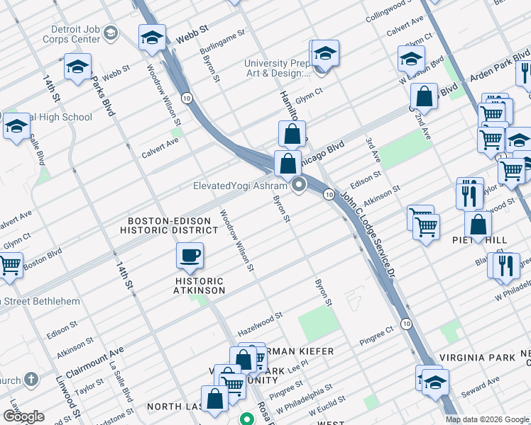map of restaurants, bars, coffee shops, grocery stores, and more near 1405 Longfellow Street in Detroit
