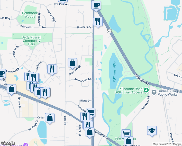 map of restaurants, bars, coffee shops, grocery stores, and more near 1449 Queen Anne Lane in Gurnee