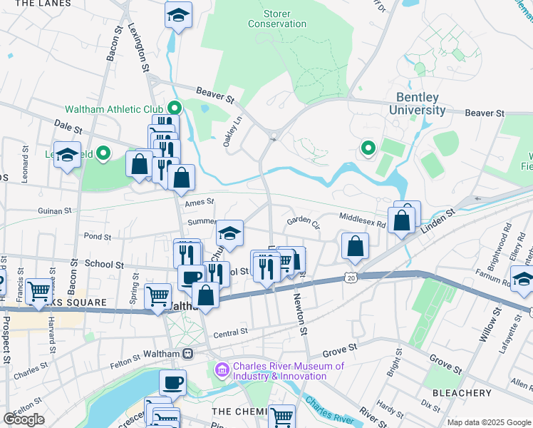 map of restaurants, bars, coffee shops, grocery stores, and more near 96 Lyman Street in Waltham