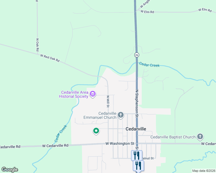 map of restaurants, bars, coffee shops, grocery stores, and more near 385 North Mill Street in Cedarville