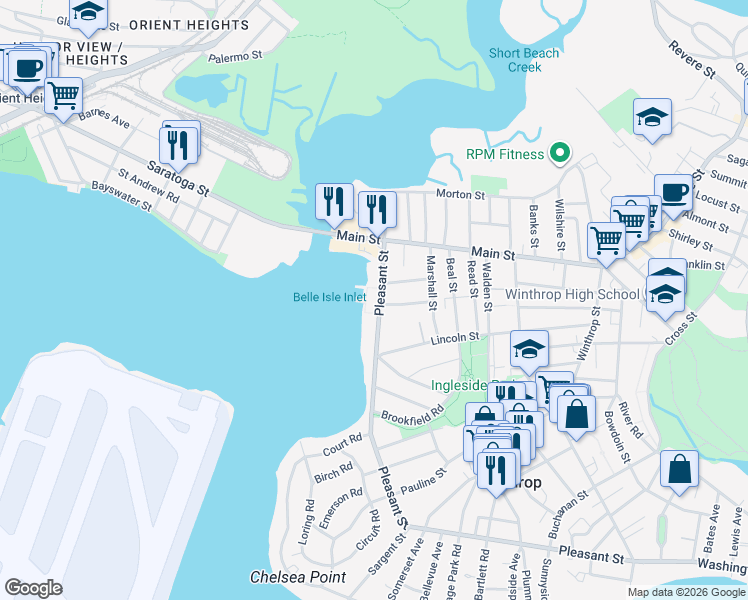 map of restaurants, bars, coffee shops, grocery stores, and more near 554 Pleasant Street in Winthrop