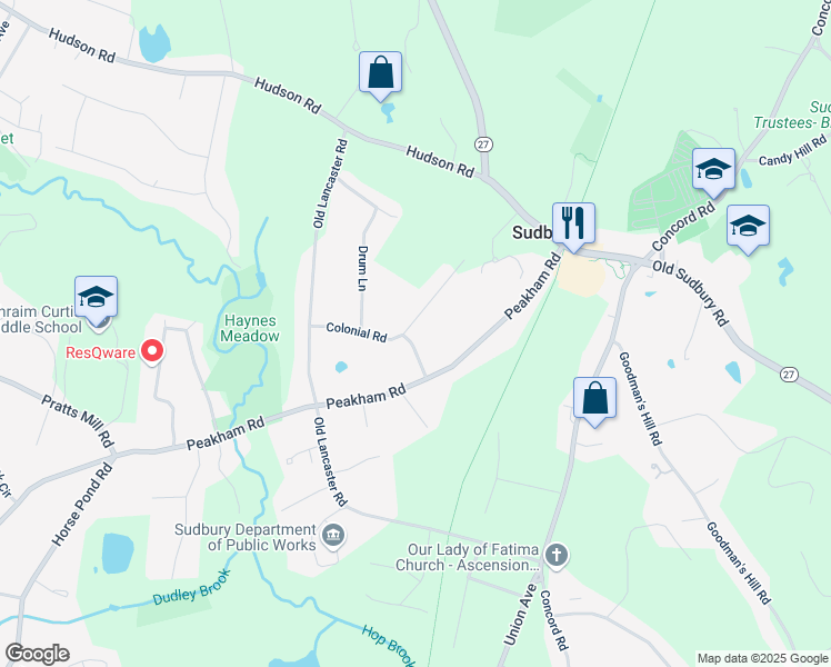map of restaurants, bars, coffee shops, grocery stores, and more near 51 Colonial Road in Sudbury