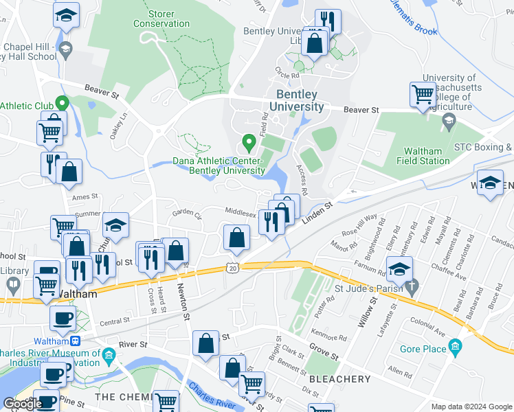 map of restaurants, bars, coffee shops, grocery stores, and more near 1 Middlesex Circle in Waltham
