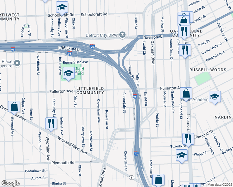 map of restaurants, bars, coffee shops, grocery stores, and more near 8066 Fullerton Avenue in Detroit