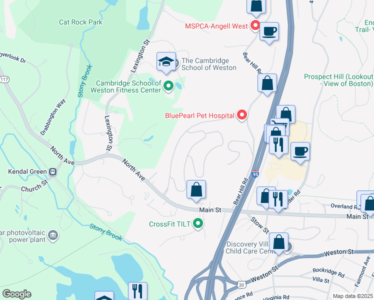map of restaurants, bars, coffee shops, grocery stores, and more near 85 Black Bear Drive in Waltham