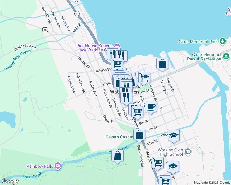 map of restaurants, bars, coffee shops, grocery stores, and more near 215 South Madison Avenue in Watkins Glen