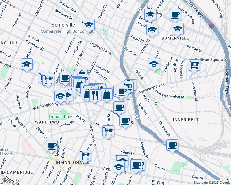 map of restaurants, bars, coffee shops, grocery stores, and more near 24 Prospect Hill Avenue in Somerville