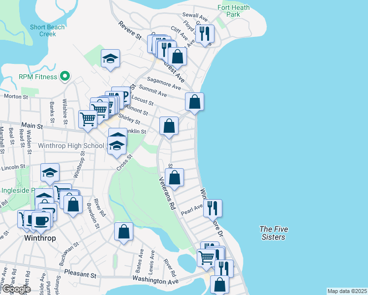 map of restaurants, bars, coffee shops, grocery stores, and more near 21 Hawthorn Avenue in Winthrop