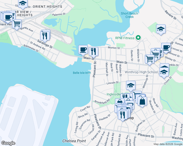 map of restaurants, bars, coffee shops, grocery stores, and more near 554 Pleasant Street in Winthrop