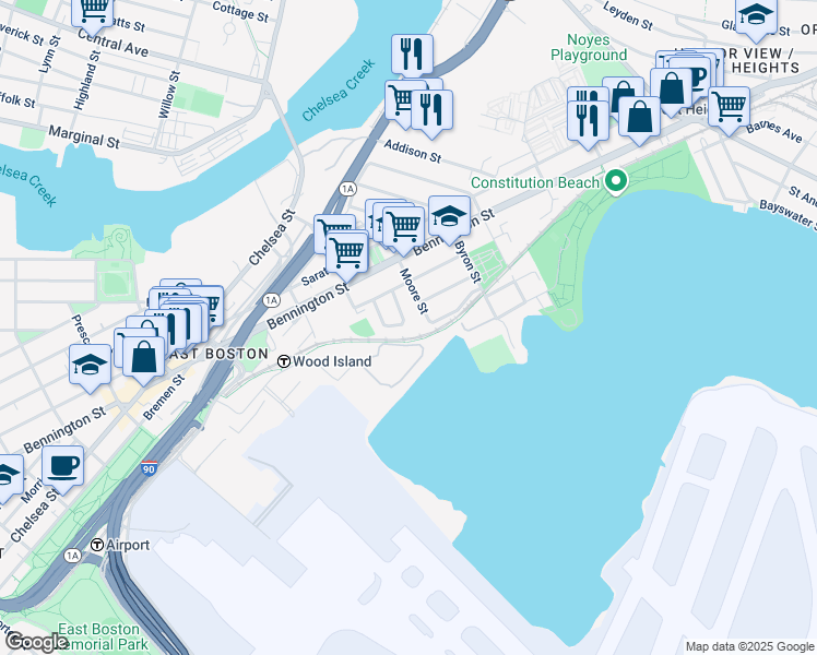 map of restaurants, bars, coffee shops, grocery stores, and more near 114 Moore Street in Boston