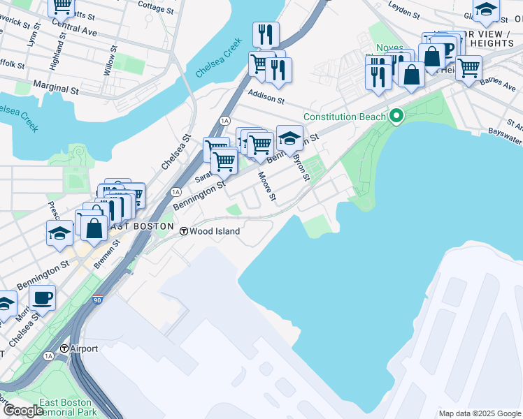 map of restaurants, bars, coffee shops, grocery stores, and more near 114 Moore Street in Boston