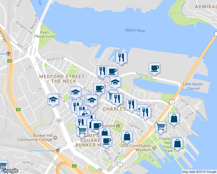 map of restaurants, bars, coffee shops, grocery stores, and more near 100 Pearl Street in Boston