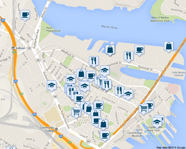 map of restaurants, bars, coffee shops, grocery stores, and more near 102 Pearl Street in Boston