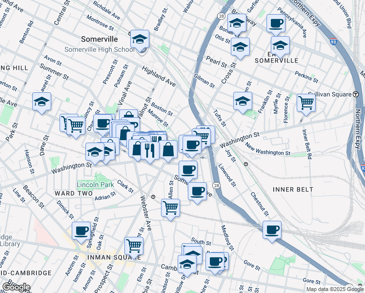 map of restaurants, bars, coffee shops, grocery stores, and more near 24 Prospect Hill Avenue in Somerville