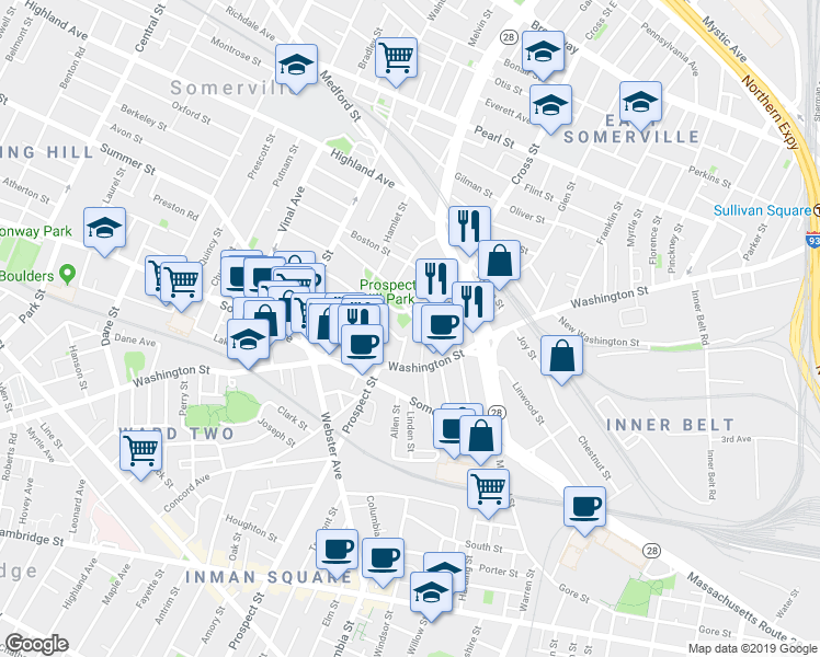 map of restaurants, bars, coffee shops, grocery stores, and more near 24 Prospect Hill Avenue in Somerville