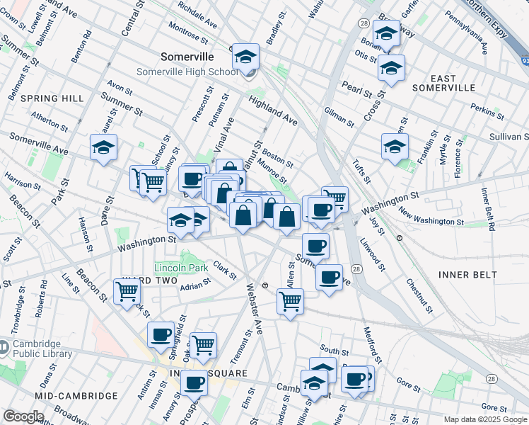 map of restaurants, bars, coffee shops, grocery stores, and more near 13 Warren Avenue in Somerville