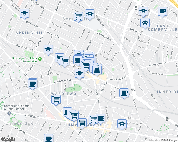 map of restaurants, bars, coffee shops, grocery stores, and more near 26 Bow Street in Somerville