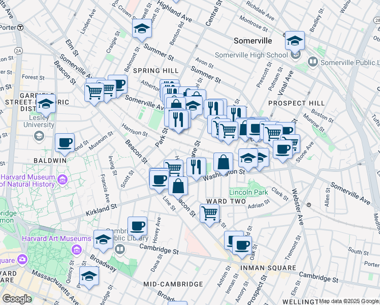 map of restaurants, bars, coffee shops, grocery stores, and more near 35 Dane Street in Somerville