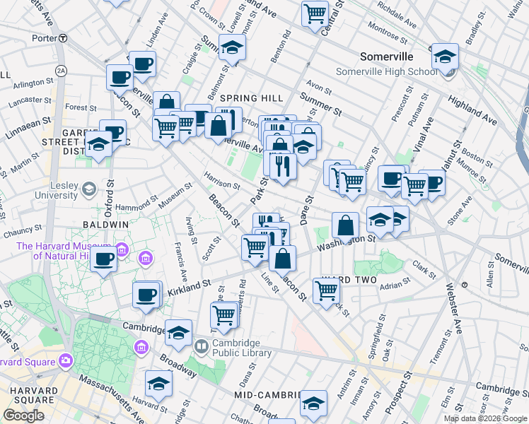 map of restaurants, bars, coffee shops, grocery stores, and more near 54 Park Street in Somerville