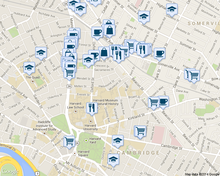 map of restaurants, bars, coffee shops, grocery stores, and more near 74 Hammond Street in Cambridge