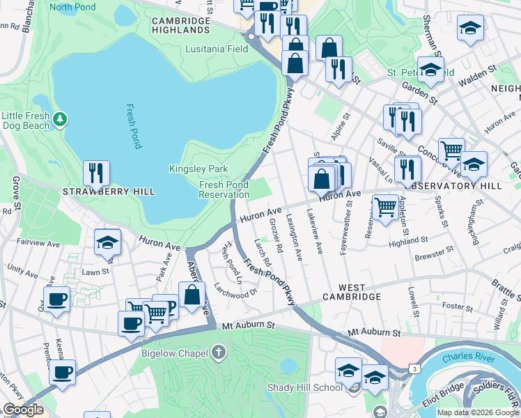 map of restaurants, bars, coffee shops, grocery stores, and more near 183 Larch Road in Cambridge