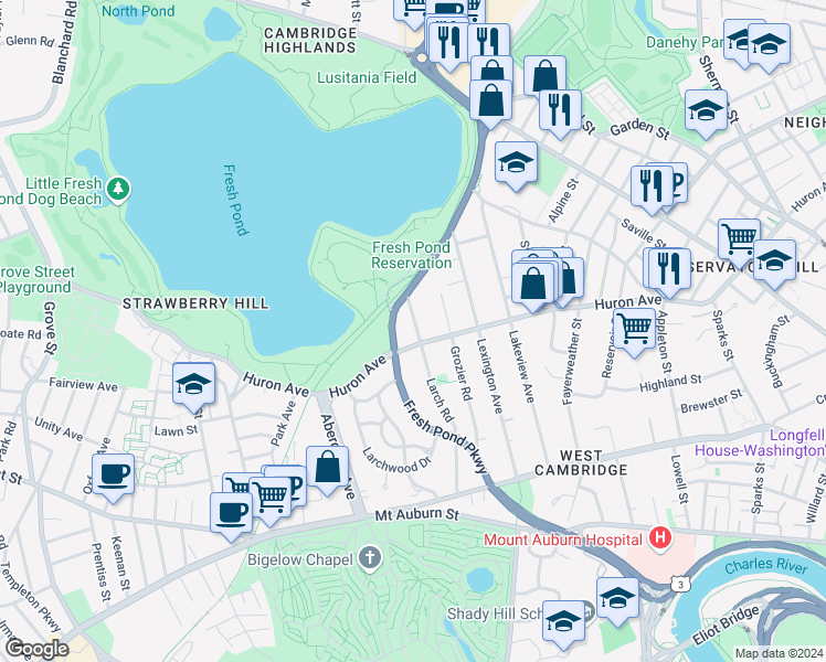 map of restaurants, bars, coffee shops, grocery stores, and more near 183 Larch Road in Cambridge