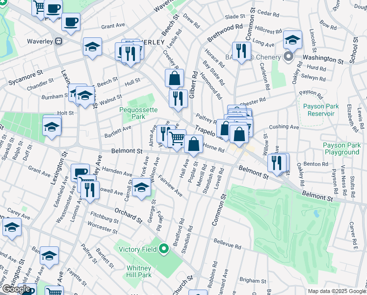 map of restaurants, bars, coffee shops, grocery stores, and more near 33 Barnard Road in Belmont