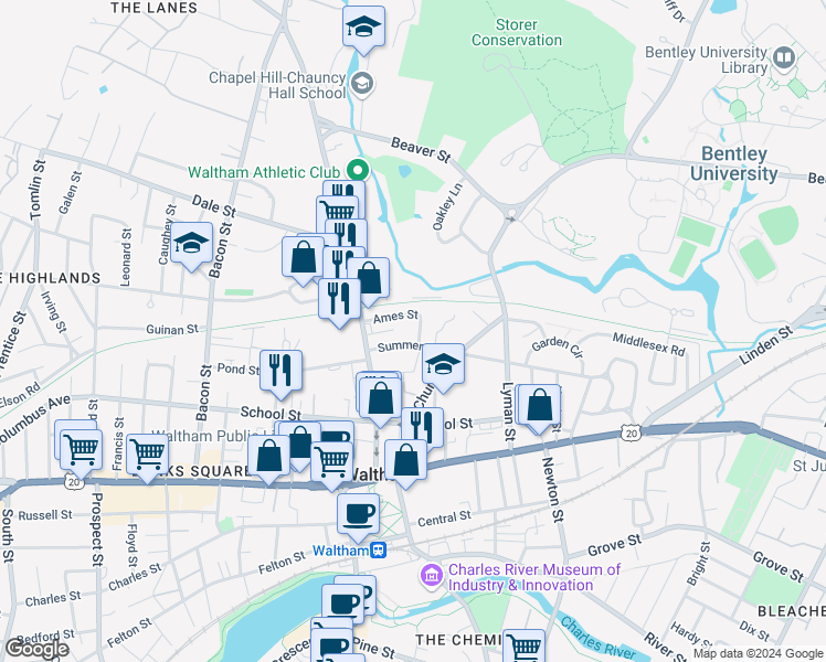map of restaurants, bars, coffee shops, grocery stores, and more near 24 Lexington Terrace in Waltham