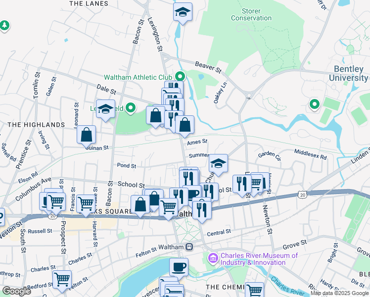 map of restaurants, bars, coffee shops, grocery stores, and more near 131 Lexington Street in Waltham