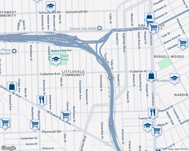 map of restaurants, bars, coffee shops, grocery stores, and more near 8066 Fullerton Avenue in Detroit